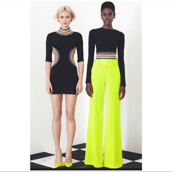 Alice & Olivia-Black Longsleeve Delania Crop Top w/ Neon Multicolor Embroidery - Picture 8 of 12